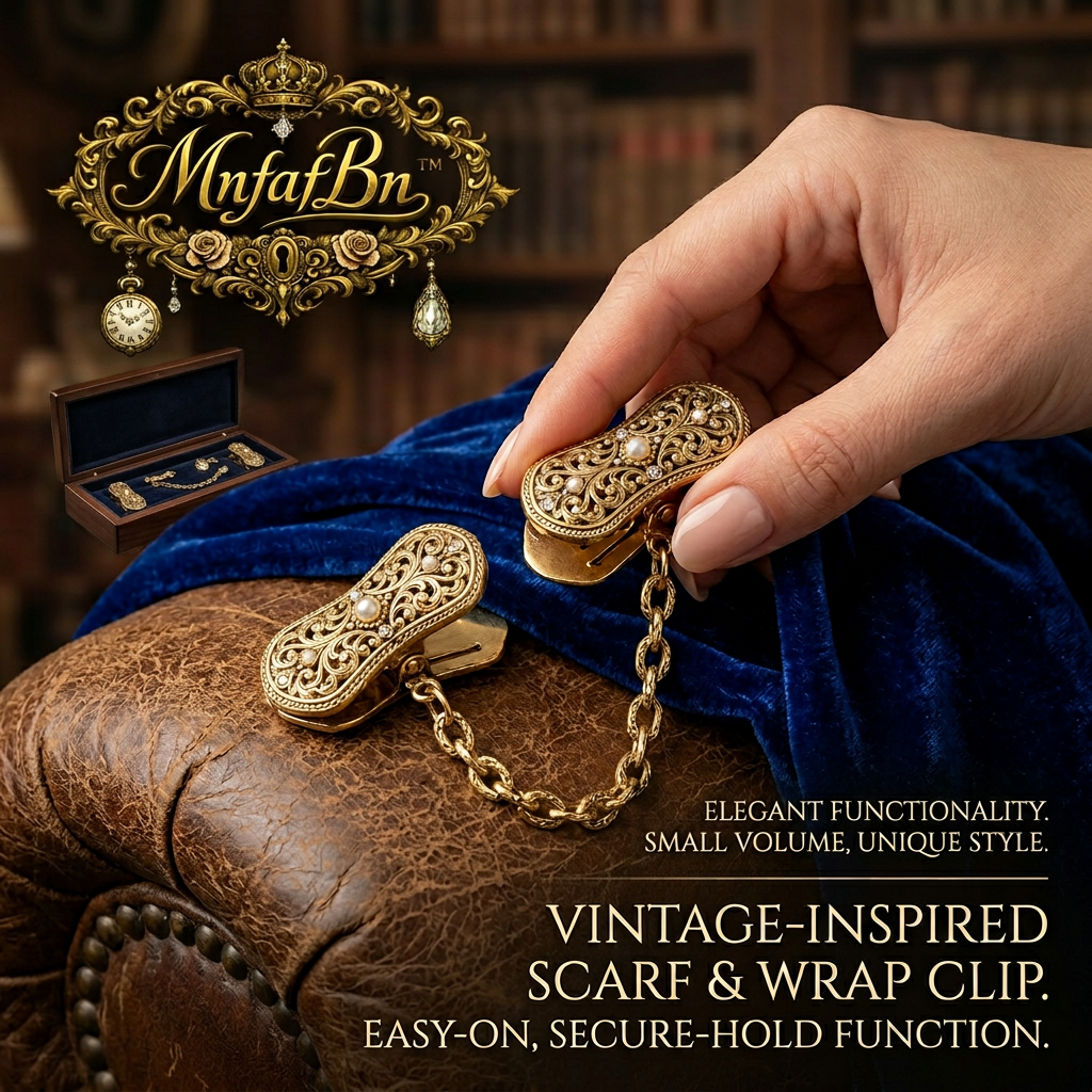 MnfafBn™ Vintage Cardigan Clip for Women - Retro Gold Filigree Scarf & Shawl Clip with Pearls, Elegant Double Duck-Mouth Sweater Collar Chain Clip, Antique Fashion Accessories Gift Set with Wooden Box