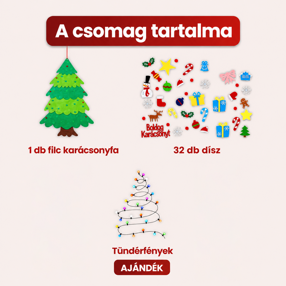 đ Falra akaszthatĂł DIY filc karĂĄcsonyfa gyerekeknek â 32 dĂsz + ajĂĄndĂ©k fĂ©nyfĂŒzĂ©r