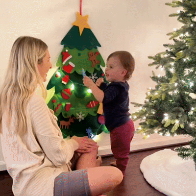 🎄 Falra akasztható DIY filc karácsonyfa gyerekeknek – 32 dísz + ajándék fényfüzér