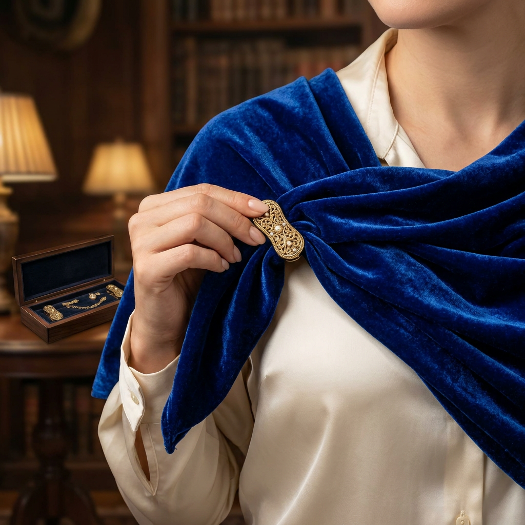 MnfafBn™ Vintage Cardigan Clip for Women - Retro Gold Filigree Scarf & Shawl Clip with Pearls, Elegant Double Duck-Mouth Sweater Collar Chain Clip, Antique Fashion Accessories Gift Set with Wooden Box