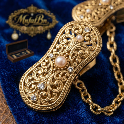 MnfafBn™ Vintage Cardigan Clip for Women - Retro Gold Filigree Scarf & Shawl Clip with Pearls, Elegant Double Duck-Mouth Sweater Collar Chain Clip, Antique Fashion Accessories Gift Set with Wooden Box