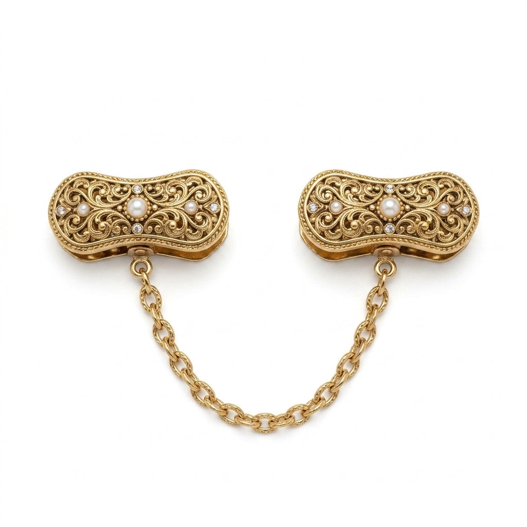 MnfafBn™ Vintage Cardigan Clip for Women - Retro Gold Filigree Scarf & Shawl Clip with Pearls, Elegant Double Duck-Mouth Sweater Collar Chain Clip, Antique Fashion Accessories Gift Set with Wooden Box