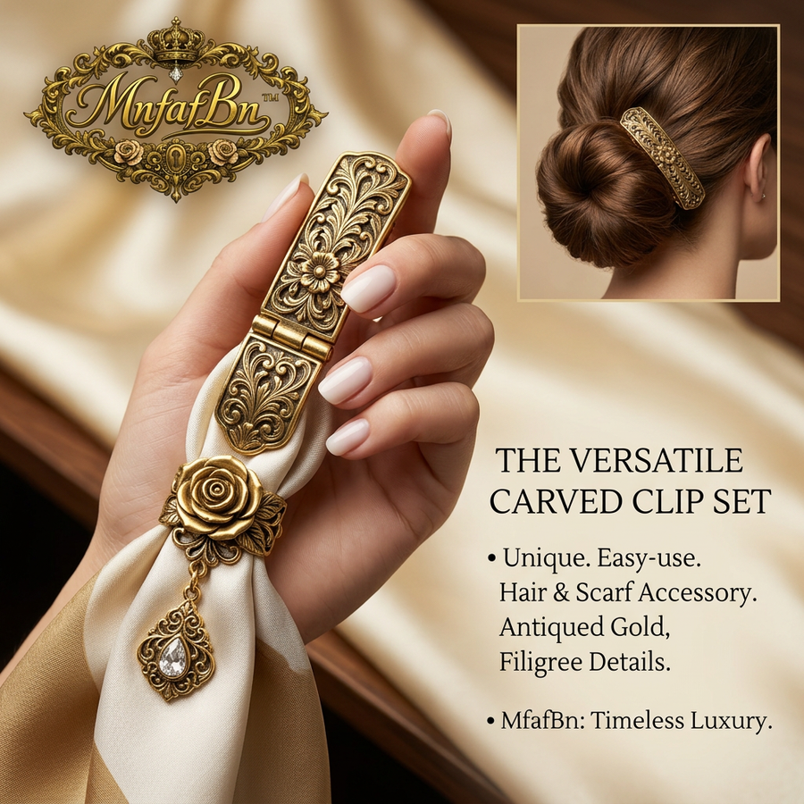 MnfafBn™ Vintage Antique Gold Hair Clip & Scarf Ring Set | Elegant Rose Filigree Barrette | Multi-Functional Scarf Slide with Teardrop Crystal Charm | Victorian Style Luxury Jewelry for Women