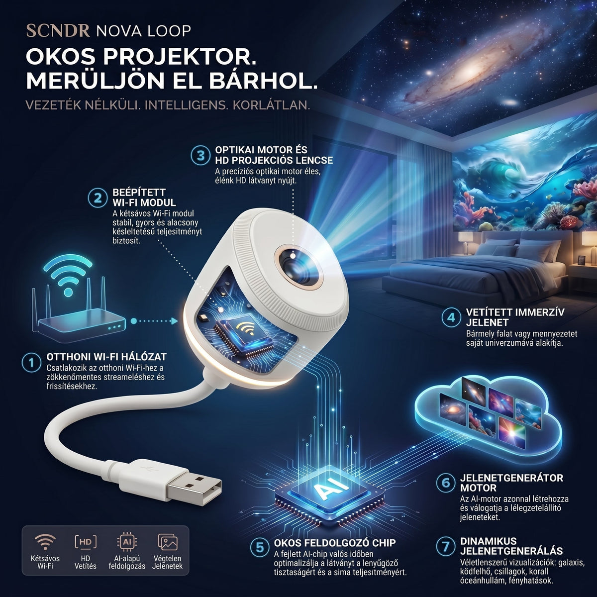HAJUEI® NOVA LOOP – HD dinamikus galaxis- és éjszakai fényvetítő ✨