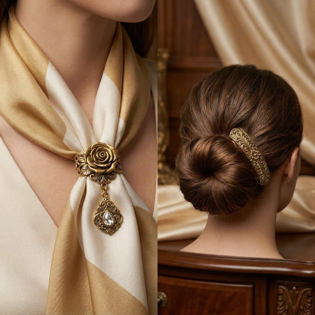 MnfafBn™ Vintage Antique Gold Hair Clip & Scarf Ring Set | Elegant Rose Filigree Barrette | Multi-Functional Scarf Slide with Teardrop Crystal Charm | Victorian Style Luxury Jewelry for Women