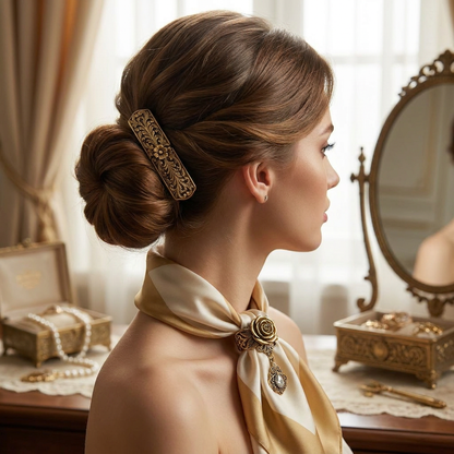 MnfafBn™ Vintage Antique Gold Hair Clip & Scarf Ring Set | Elegant Rose Filigree Barrette | Multi-Functional Scarf Slide with Teardrop Crystal Charm | Victorian Style Luxury Jewelry for Women