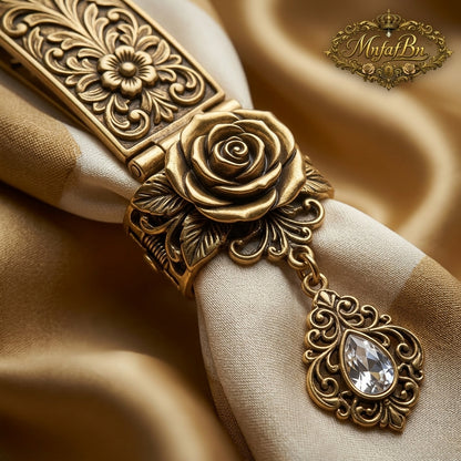 MnfafBn™ Vintage Antique Gold Hair Clip & Scarf Ring Set | Elegant Rose Filigree Barrette | Multi-Functional Scarf Slide with Teardrop Crystal Charm | Victorian Style Luxury Jewelry for Women
