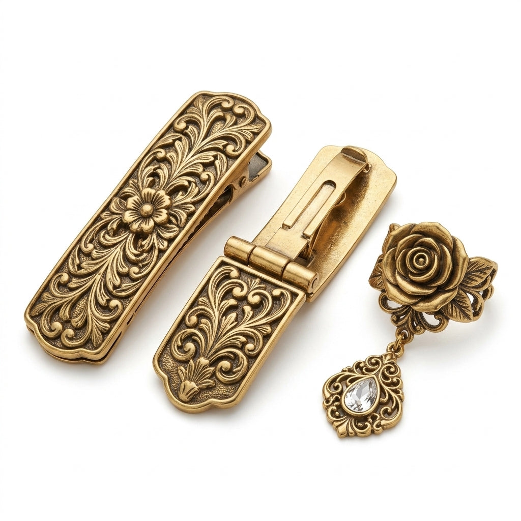 MnfafBn™ Vintage Antique Gold Hair Clip & Scarf Ring Set | Elegant Rose Filigree Barrette | Multi-Functional Scarf Slide with Teardrop Crystal Charm | Victorian Style Luxury Jewelry for Women