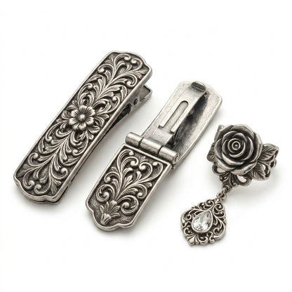 MnfafBn™ Vintage Antique Gold Hair Clip & Scarf Ring Set | Elegant Rose Filigree Barrette | Multi-Functional Scarf Slide with Teardrop Crystal Charm | Victorian Style Luxury Jewelry for Women