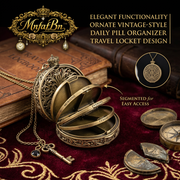 MnfafBn™ Vintage Daily Pill Organizer Locket Necklace - Ornate Brass Medicine Case with 4 Compartments (Morning, Noon, Evening, Bedtime), Retro Steampunk Gothic Travel Pill Box Pendant for Men & Women