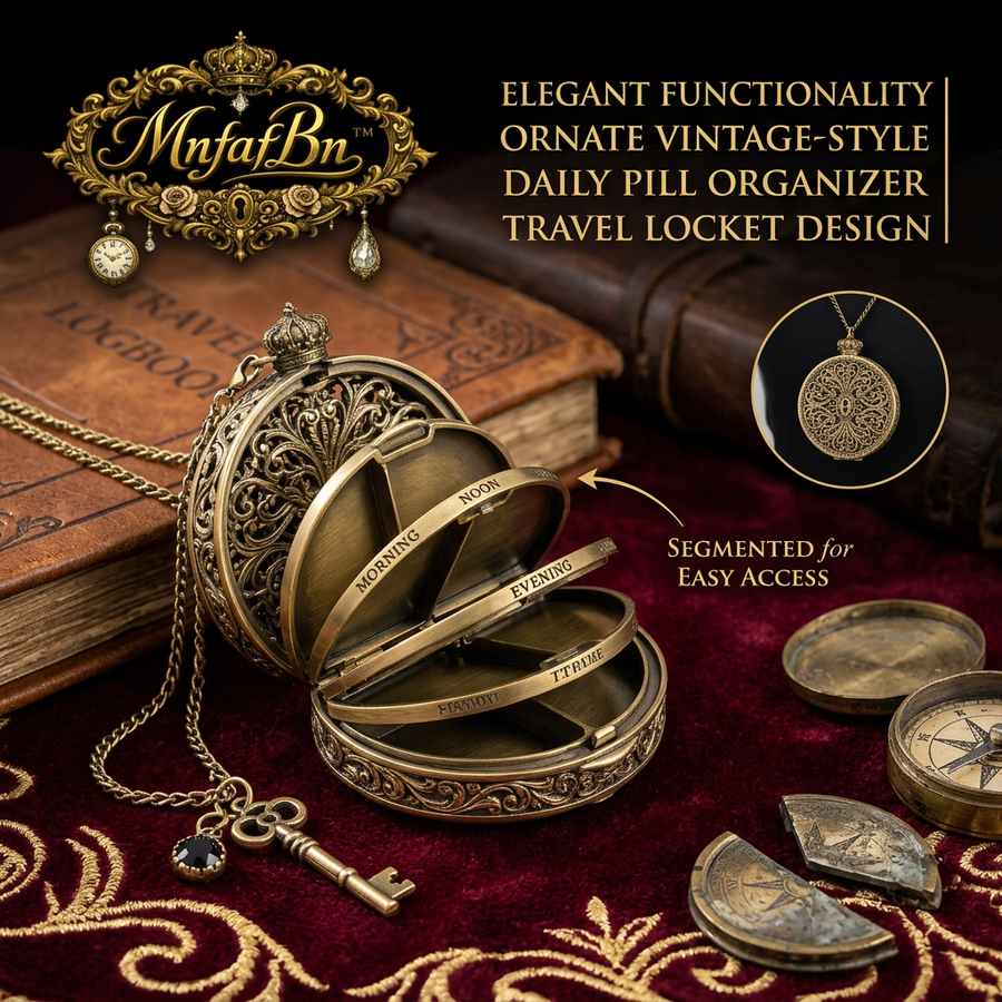 MnfafBn™ Vintage Daily Pill Organizer Locket Necklace - Ornate Brass Medicine Case with 4 Compartments (Morning, Noon, Evening, Bedtime), Retro Steampunk Gothic Travel Pill Box Pendant for Men & Women