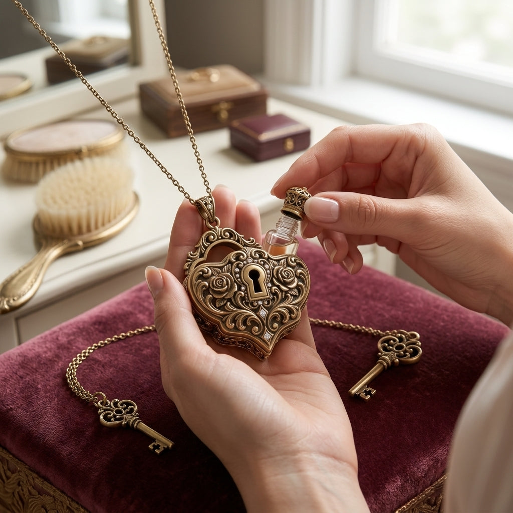 MnfafBn™ Vintage Heart Locket Necklace with Mini Perfume Vial & Key Charm - Antique Gold Victorian Filigree Rose Pendant - Secret Keepsake Jewelry Gift for Her