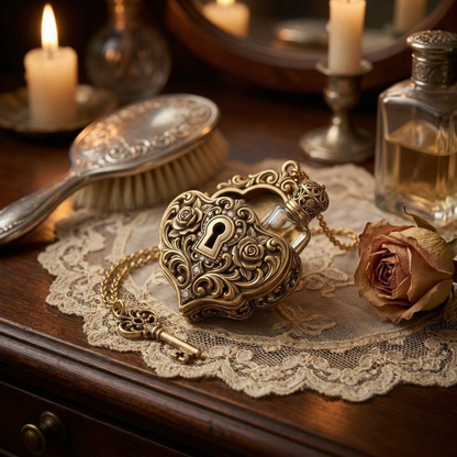 MnfafBn™ Vintage Heart Locket Necklace with Mini Perfume Vial & Key Charm - Antique Gold Victorian Filigree Rose Pendant - Secret Keepsake Jewelry Gift for Her