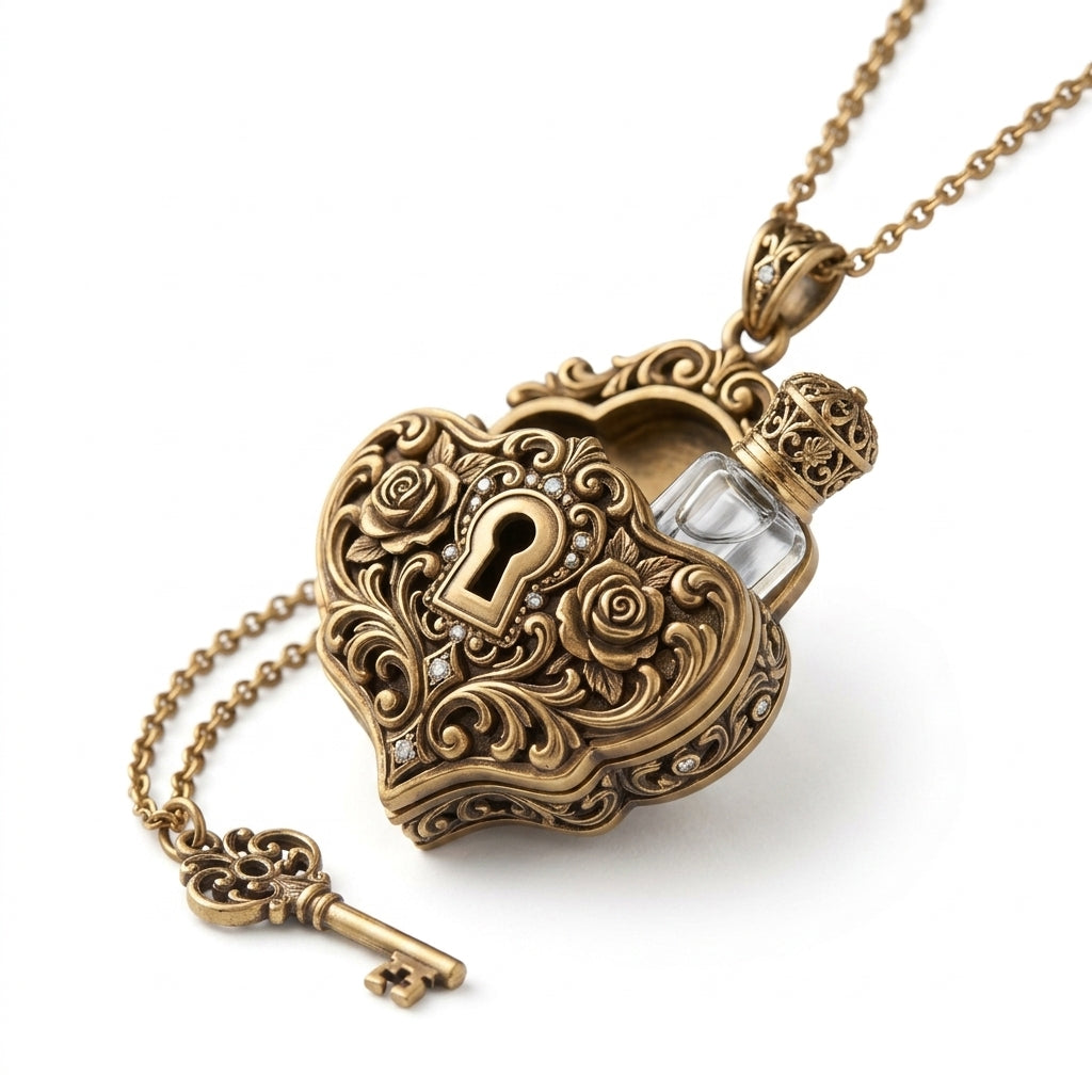 MnfafBn™ Vintage Heart Locket Necklace with Mini Perfume Vial & Key Charm - Antique Gold Victorian Filigree Rose Pendant - Secret Keepsake Jewelry Gift for Her