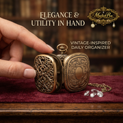 MnfafBn™ Vintage Pocket Watch Pill Organizer & Decorative Trinket Box - Antique Bronze Filigree Jewelry Case, Portable Daily Pillbox with Chain, Unique Gothic Victorian Gift for Men & Women