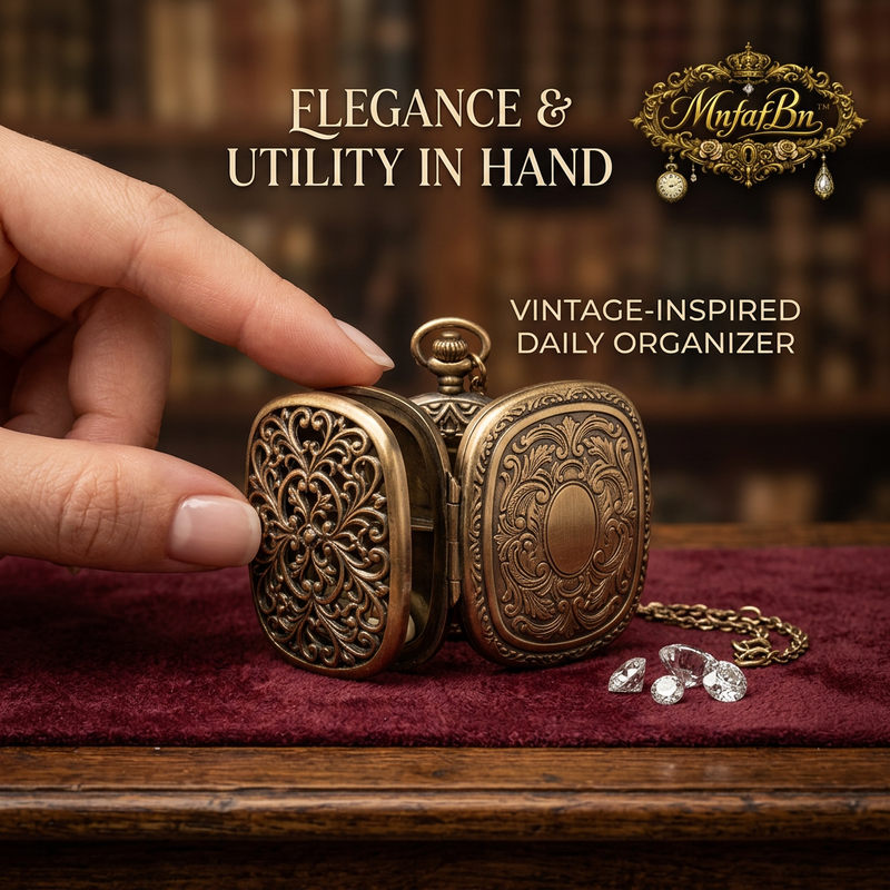 MnfafBn™ Vintage Pocket Watch Pill Organizer & Decorative Trinket Box - Antique Bronze Filigree Jewelry Case, Portable Daily Pillbox with Chain, Unique Gothic Victorian Gift for Men & Women