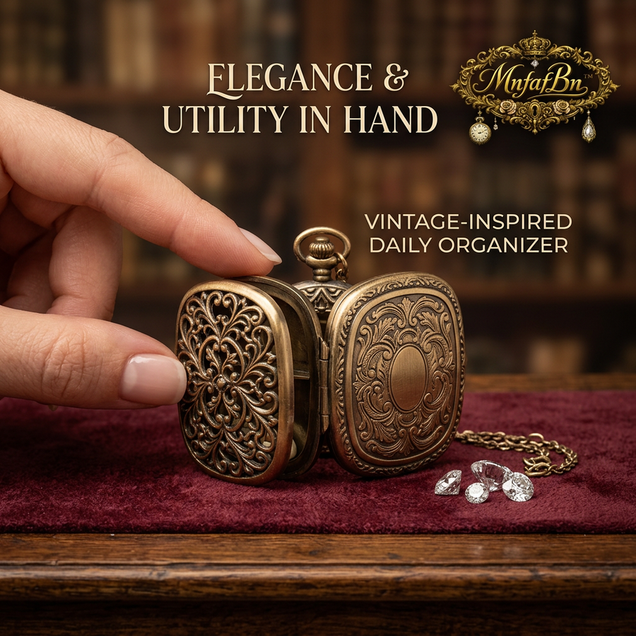 MnfafBn™ Vintage Pocket Watch Pill Organizer & Decorative Trinket Box - Antique Bronze Filigree Jewelry Case, Portable Daily Pillbox with Chain, Unique Gothic Victorian Gift for Men & Women