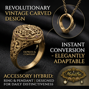 MnfafBn™ Vintage 2-in-1 Convertible Ring Pendant Necklace | Ornate Carved Keyhole Signet Ring | Transforming Gothic Steampunk Jewelry for Men & Women | Antique Gold Finish Statement Accessory