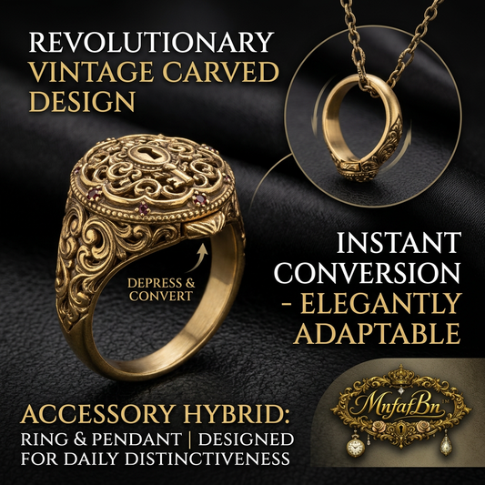 MnfafBn™ Vintage 2-in-1 Convertible Ring Pendant Necklace | Ornate Carved Keyhole Signet Ring | Transforming Gothic Steampunk Jewelry for Men & Women | Antique Gold Finish Statement Accessory