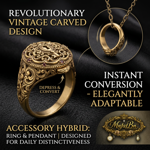 MnfafBn™ Vintage 2-in-1 Convertible Ring Pendant Necklace | Ornate Carved Keyhole Signet Ring | Transforming Gothic Steampunk Jewelry for Men & Women | Antique Gold Finish Statement Accessory
