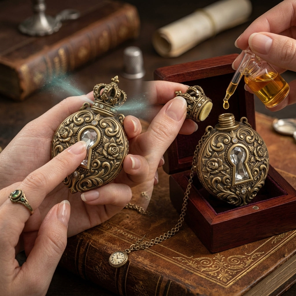 MnfafBn™ Vintage Aromatherapy Perfume Pendant Necklace, Antique Gold Crown & Keyhole Locket Diffuser, Wearable Essential Oil Fragrance Bottle Necklace, Gothic Steampunk Jewelry Gift for Women