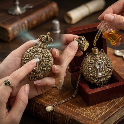 MnfafBn™ Vintage Aromatherapy Perfume Pendant Necklace, Antique Gold Crown & Keyhole Locket Diffuser, Wearable Essential Oil Fragrance Bottle Necklace, Gothic Steampunk Jewelry Gift for Women