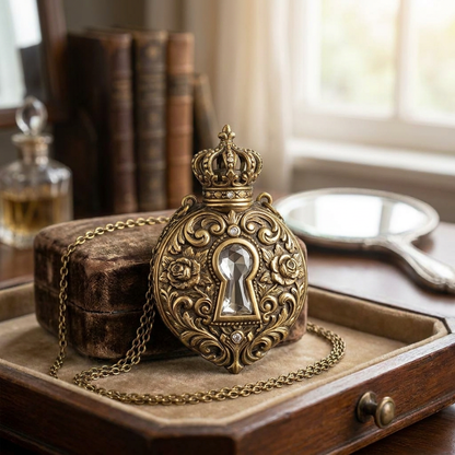 MnfafBn™ Vintage Aromatherapy Perfume Pendant Necklace, Antique Gold Crown & Keyhole Locket Diffuser, Wearable Essential Oil Fragrance Bottle Necklace, Gothic Steampunk Jewelry Gift for Women