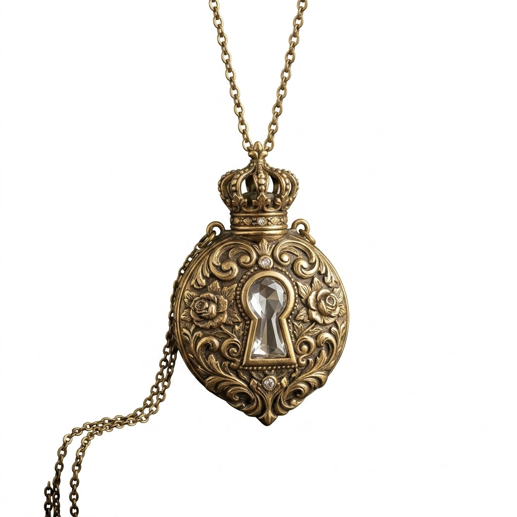 MnfafBn™ Vintage Aromatherapy Perfume Pendant Necklace, Antique Gold Crown & Keyhole Locket Diffuser, Wearable Essential Oil Fragrance Bottle Necklace, Gothic Steampunk Jewelry Gift for Women