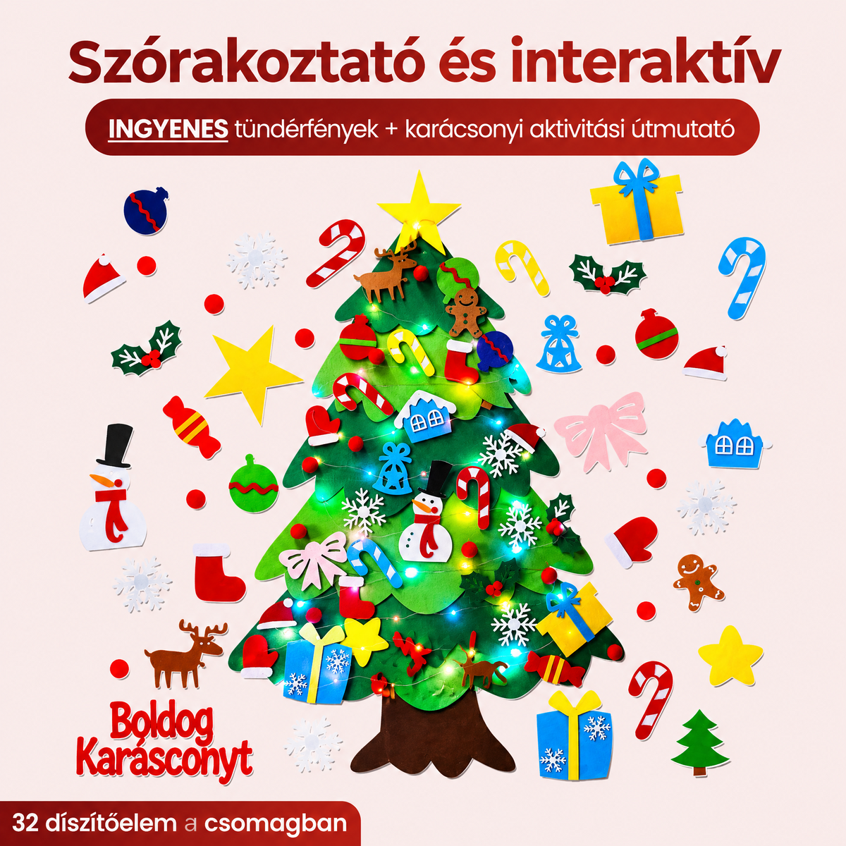🎄 Falra akasztható DIY filc karácsonyfa gyerekeknek – 32 dísz + ajándék fényfüzér