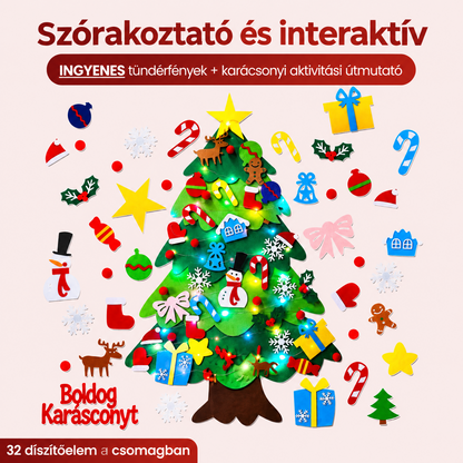 🎄 Falra akasztható DIY filc karácsonyfa gyerekeknek – 32 dísz + ajándék fényfüzér