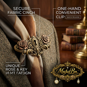 MnfafBn™ Vintage Rose & Keyhole Scarf Clip | Antique Gold Shawl Clasp & Fabric Cinch | One-Hand Quick Release Collar Holder | Retro Gothic Brooch Accessory for Scarves, Shawls, and Ascots