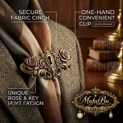 MnfafBn™ Vintage Rose & Keyhole Scarf Clip | Antique Gold Shawl Clasp & Fabric Cinch | One-Hand Quick Release Collar Holder | Retro Gothic Brooch Accessory for Scarves, Shawls, and Ascots