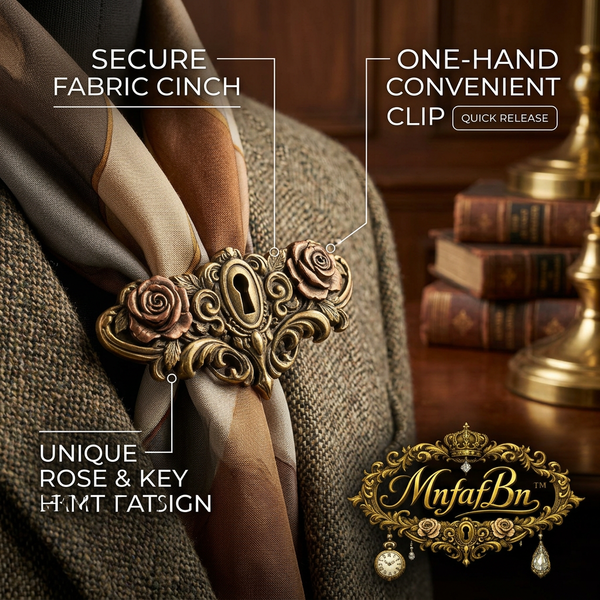 MnfafBn™ Vintage Rose & Keyhole Scarf Clip | Antique Gold Shawl Clasp & Fabric Cinch | One-Hand Quick Release Collar Holder | Retro Gothic Brooch Accessory for Scarves, Shawls, and Ascots