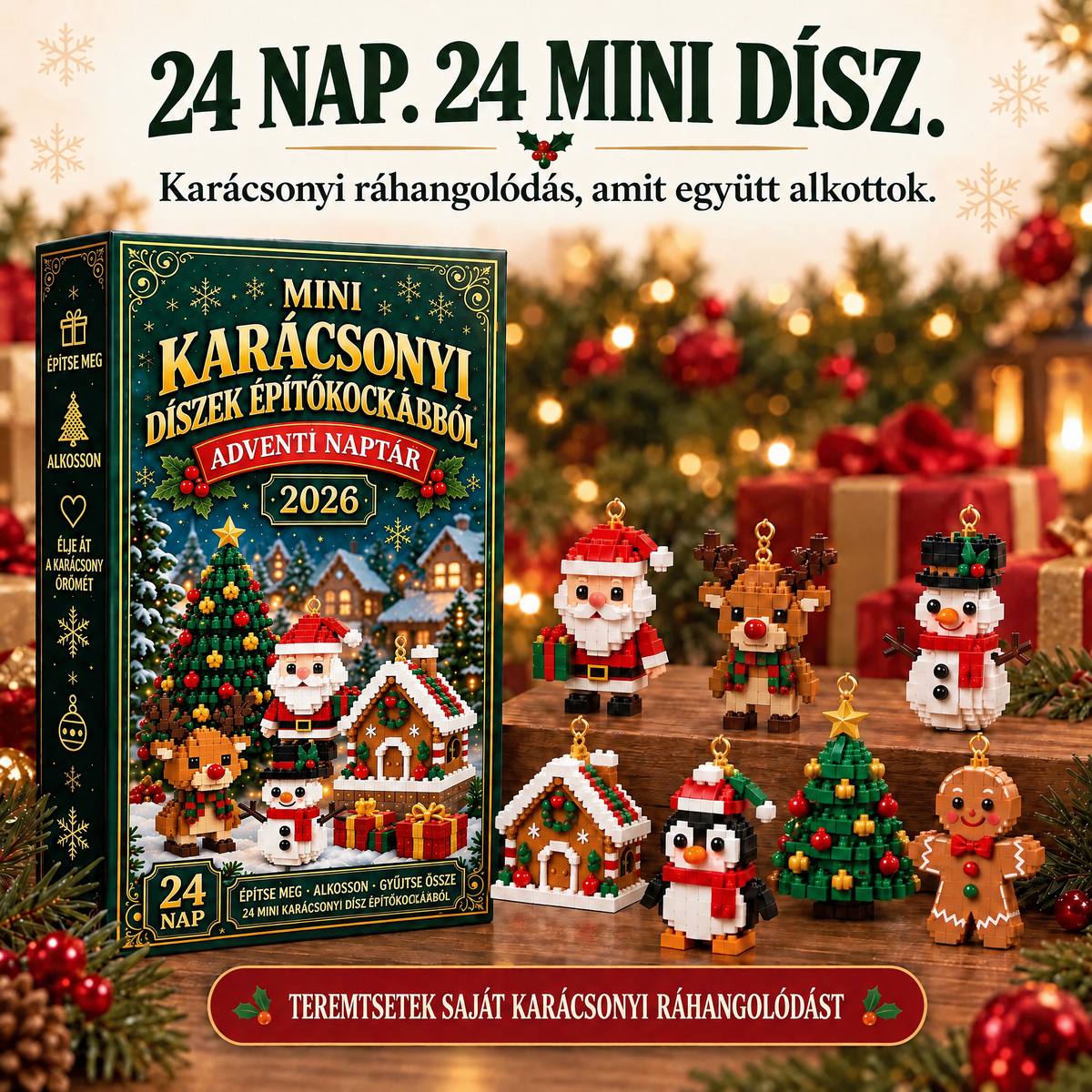 Adventi kalendárium 24 karácsonyi mini építőkockás dísszel