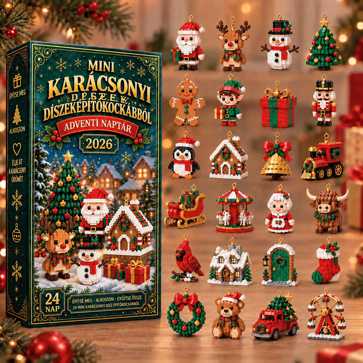 Adventi kalendárium 24 karácsonyi mini építőkockás dísszel