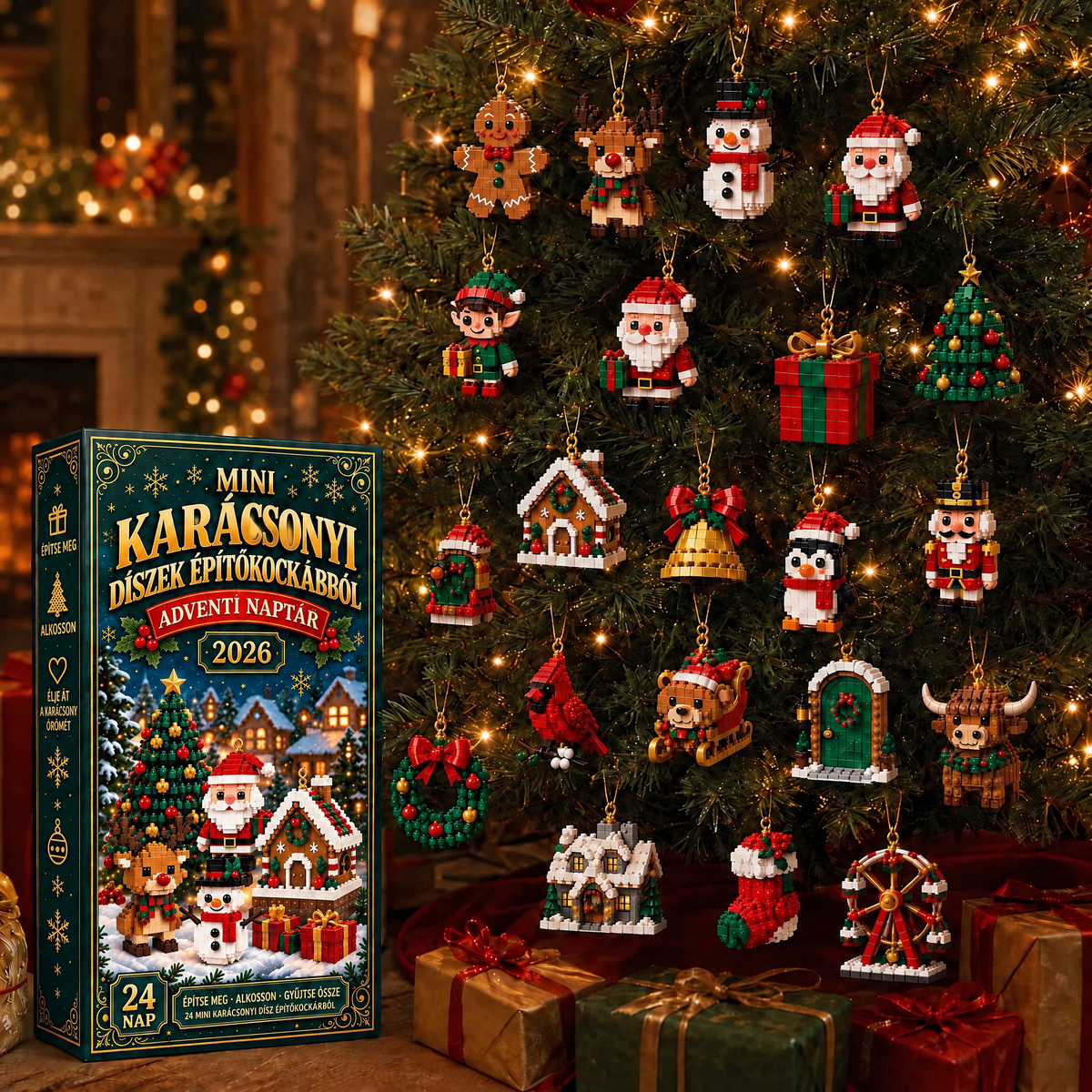 Adventi kalendárium 24 karácsonyi mini építőkockás dísszel
