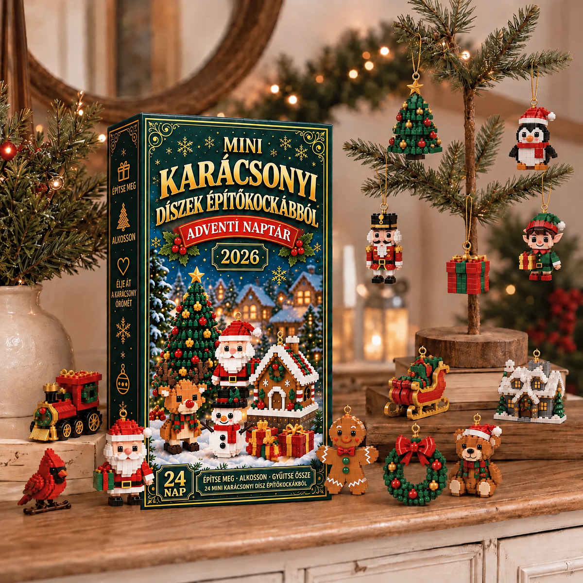 Adventi kalendárium 24 karácsonyi mini építőkockás dísszel